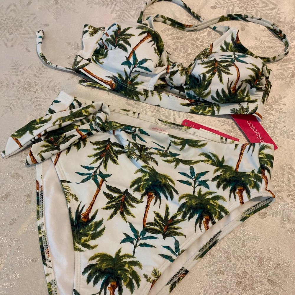 Xhilaration White Palm Tree Bikini Size D/DD Top, Size L Bottom NWT